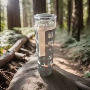 Gray Ello 20 Oz Glass Water Bottle Silicone Sleeve & Push Button Locking Lid!!